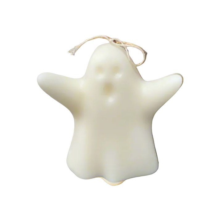 White Halloween ghost under a bed sheet pillar candle