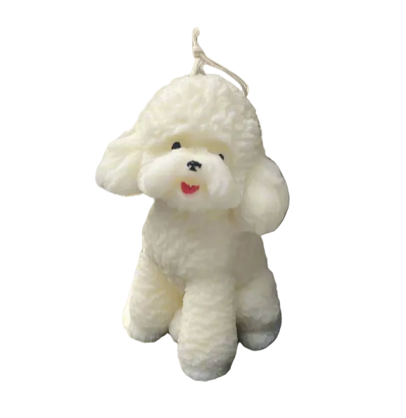 A white poodle-shaped pillar candle with a smiling face