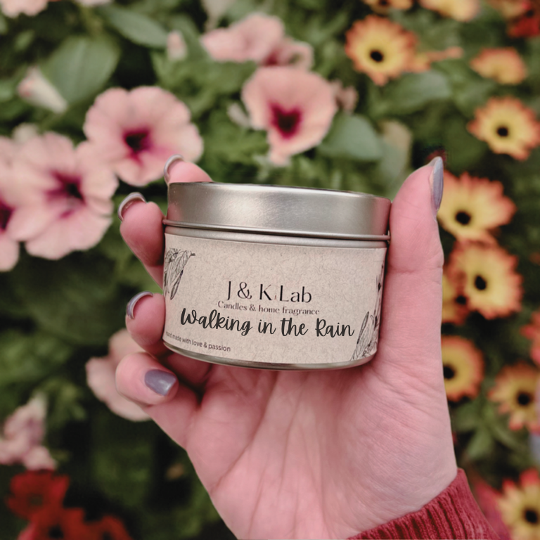 J&K Lab Travel Tin Candle - Lime, Lily of the valley abnd Fir needle Scent - Held in Front of Flowers