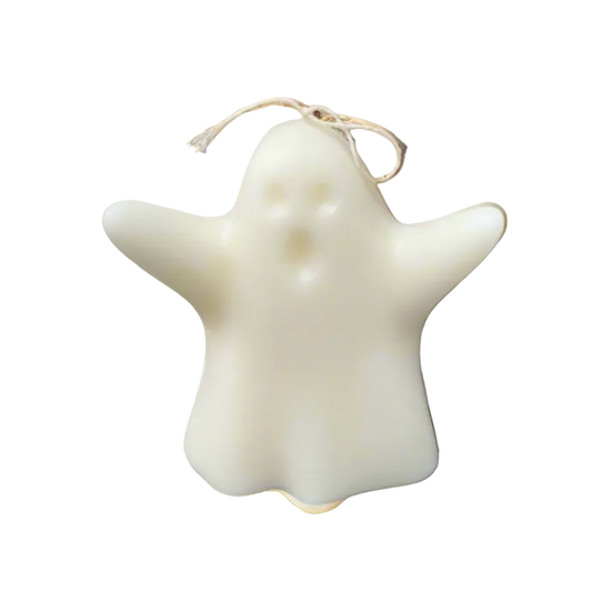 White Halloween ghost under a bed sheet pillar candle